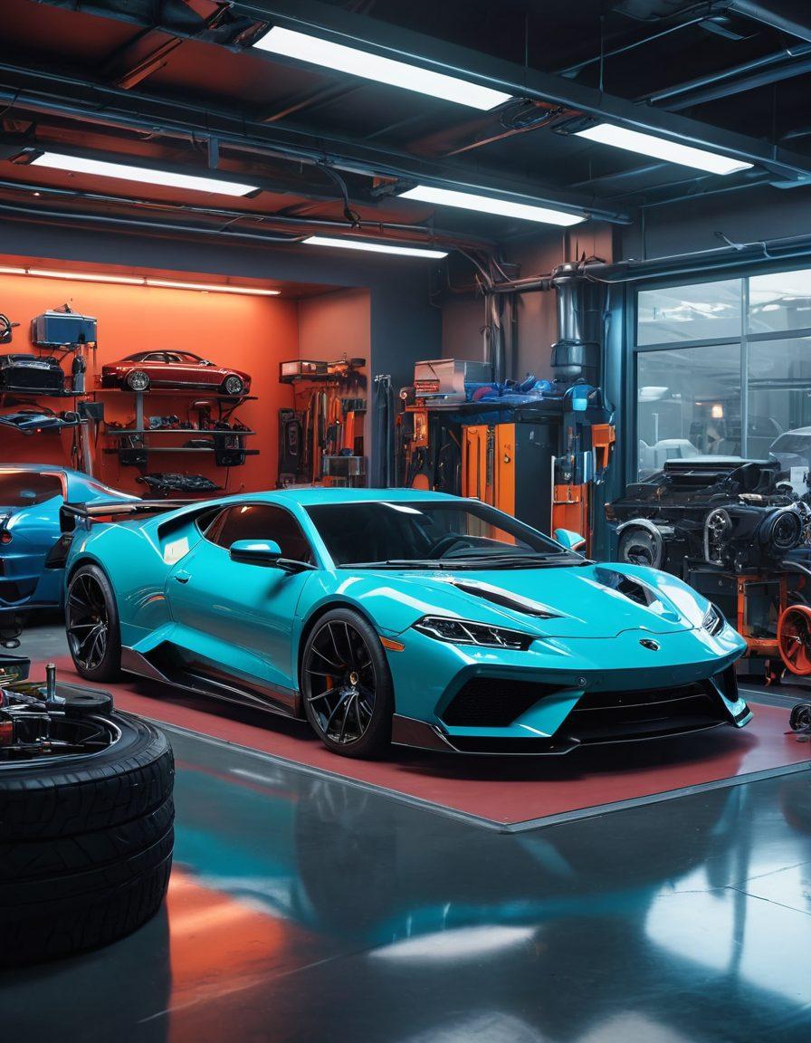 A dynamic automotive workshop scene showcasing a variety of vehicles undergoing upgrades, with tools and parts scattered about. Highlight a sleek, upgraded car with vibrant colors, showcasing its new aesthetic enhancements. Include a mechanic discussing modifications with a customer, surrounded by modern equipment and stylish vehicle designs. Evoke a sense of creativity and passion for automotive aesthetics. cyberpunk. super-realistic. vibrant colors.