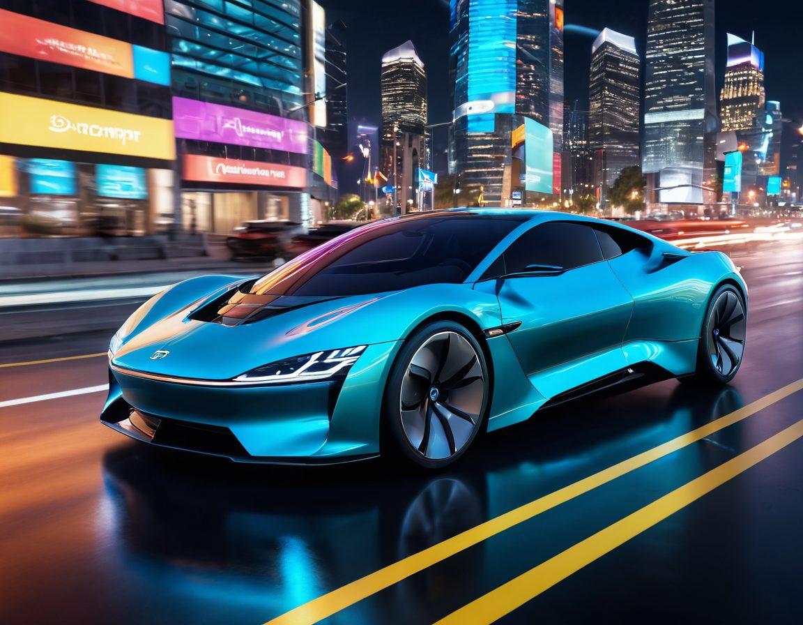 A sleek, futuristic car showcasing cutting-edge automotive technology, surrounded by holographic displays of various innovations like autonomous driving systems, electric charging, and smart interfaces. Emphasize dynamic movement and a sense of speed, with a blurred urban landscape in the background. Bright neon highlights accentuating the car's curves and features to evoke excitement and modernity. super-realistic. vibrant colors. 3D.