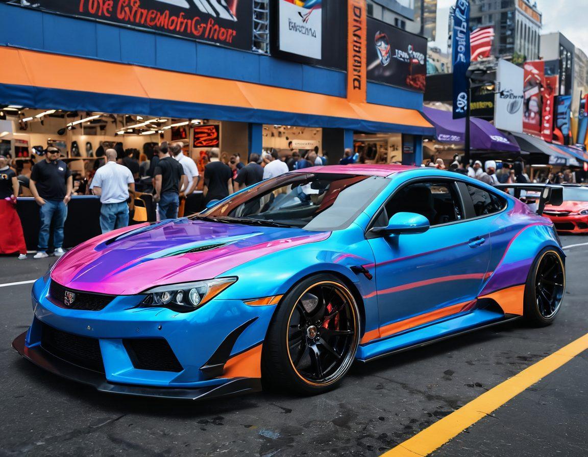 A dynamic scene showcasing a modified car with striking customizations, featuring vibrant paint, sleek aerodynamic features, and unique wheels. The background should depict a bustling car show with enthusiasts admiring vehicles, surrounded by banners of the latest auto innovations. Include an array of tools and equipment to hint at customization processes. super-realistic. vibrant colors. action-packed atmosphere.